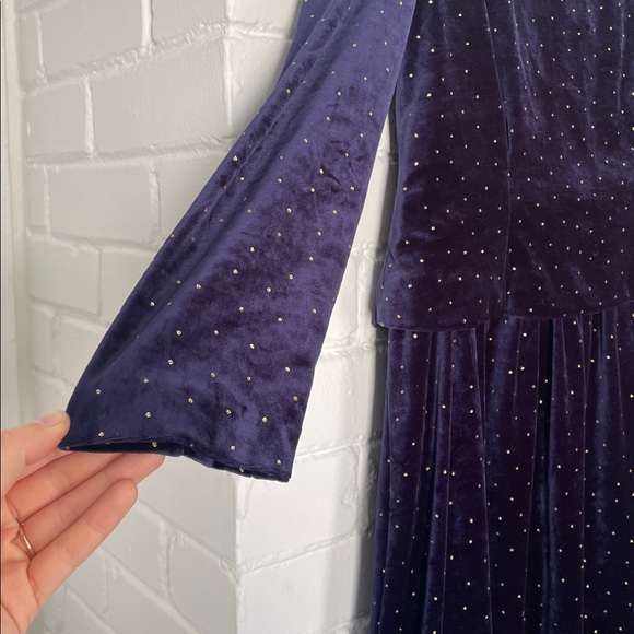 Vintage Posa Doll Long Sleeve Velvet Dress in Midnight Blue w/ Gold Polka Dots - Picture 4 of 9